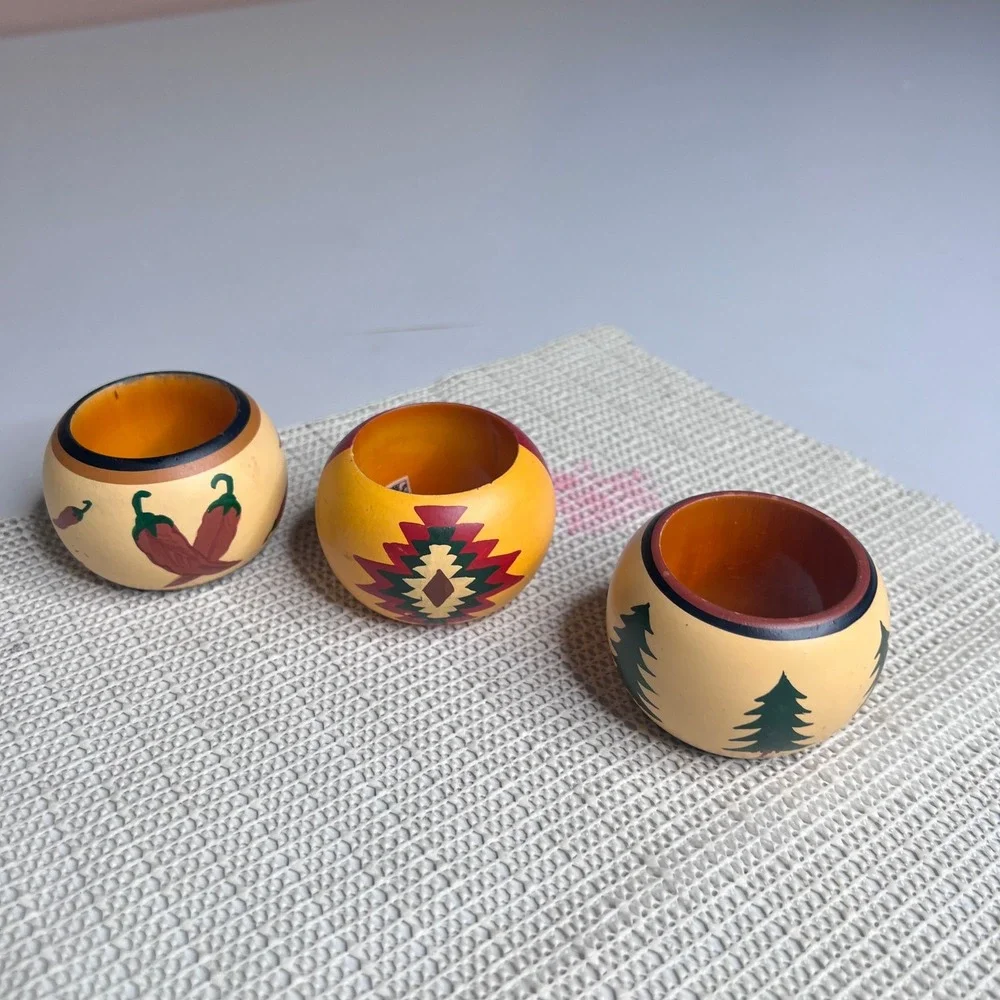 Vintage Hand Painted Wood Napkin Rings Set 3 Southwest Moose Chili Pepper India‎